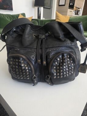 Frye Brooke Studded Bucket Bag Black Pebbled Leather 16" Boho Drawstring